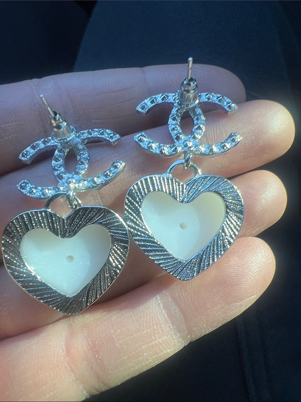 CHANEL Silver Crystal CC Logo Earrings with Iridescent White Heart Drops - Picture 6 of 8